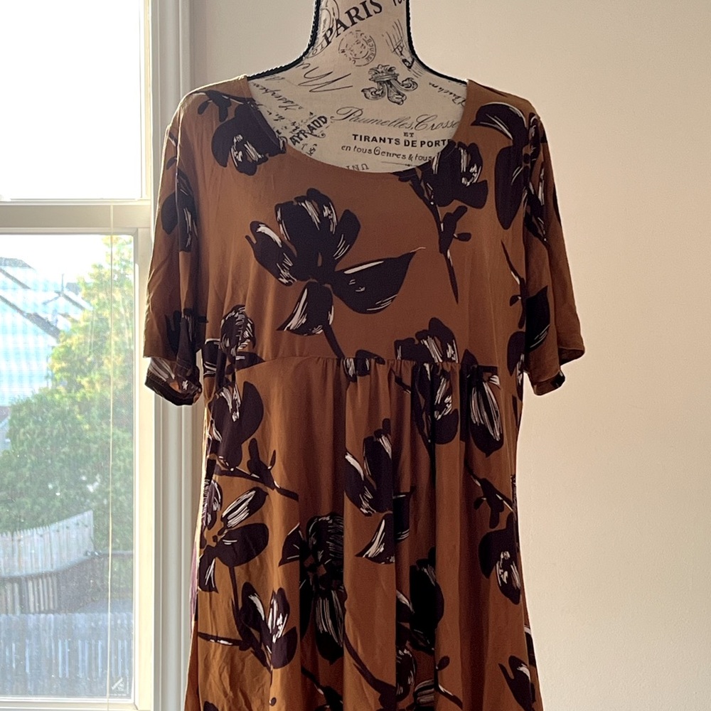 Fall into September! Beautiful Tunic, soft knit. Mocha w/dk brown accents. 2X